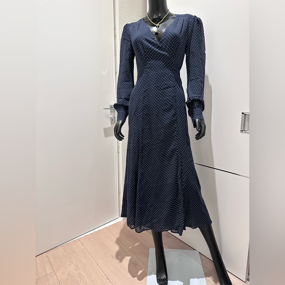 Reformation Navy and White Polka Dot Long Sleeve Midi Dress